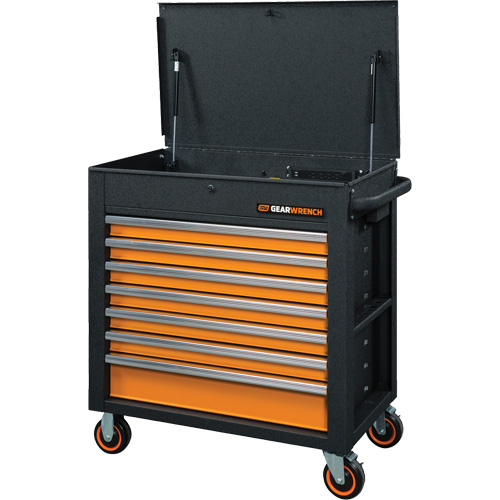 GSX Series Rolling Tool Cart with Tilt Top, 7 Drawers, 35" L x 20" W x 39" H, Black/Orange Ottawa Fastener Supply
