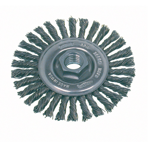 Brosse rotative &agrave; fils nou&eacute;s pour petites meuleuses haute vitesse, pour passe de fond, Dia. 4", Fils 0,02", Arbre 5/8"-11, Acier Ottawa Fastener Supply