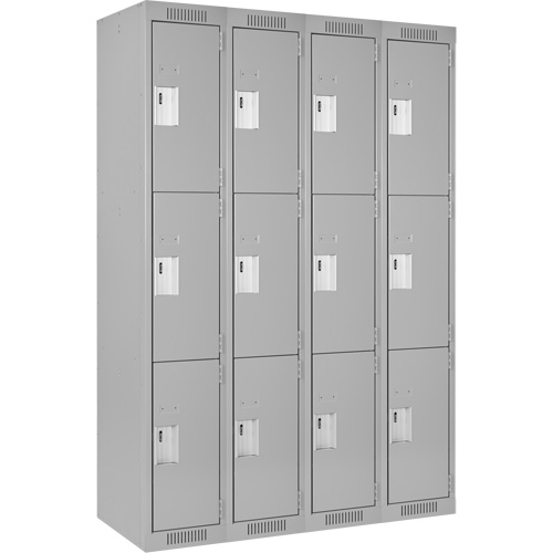 Clean Line Lockers, 3 -tier, Bank of 4, 48" x 18" x 72", Steel, Grey, Rivet (Assembled) Ottawa Fastener Supply