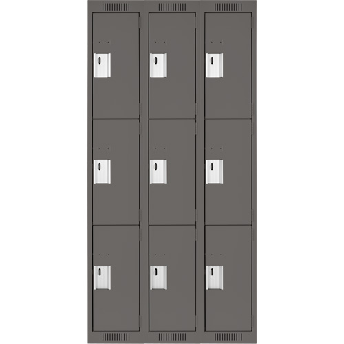 Clean Line Lockers, 3 -tier, Bank of 3, 36" x 18" x 72", Steel, Charcoal, Rivet (Assembled) Ottawa Fastener Supply