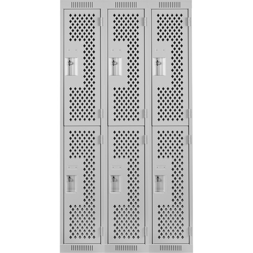 Clean Line Lockers, 2 -tier, Bank of 3, 36" x 15" x 72", Steel, Grey, Rivet (Assembled), Perforated Ottawa Fastener Supply