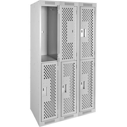 Clean Line Lockers, 2 -tier, Bank of 3, 36" x 15" x 72", Steel, Grey, Rivet (Assembled), Perforated Ottawa Fastener Supply