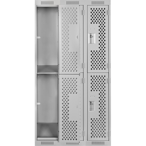 Clean Line Lockers, 2 -tier, Bank of 3, 36" x 15" x 72", Steel, Grey, Rivet (Assembled), Perforated Ottawa Fastener Supply