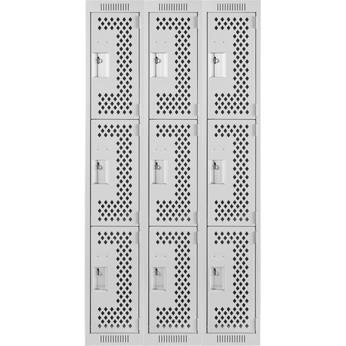 Clean Line Lockers, 3 -tier, Bank of 3, 36" x 12" x 72", Steel, Grey, Rivet (Assembled), Perforated Ottawa Fastener Supply