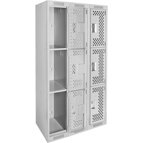 Clean Line Lockers, 3 -tier, Bank of 3, 36" x 12" x 72", Steel, Grey, Rivet (Assembled), Perforated Ottawa Fastener Supply