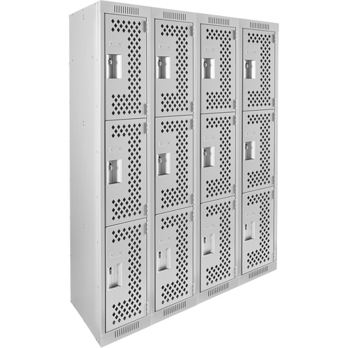 Clean Line Lockers, 3 -tier, Bank of 4, 48" x 12" x 72", Steel, Grey, Rivet (Assembled), Perforated Ottawa Fastener Supply