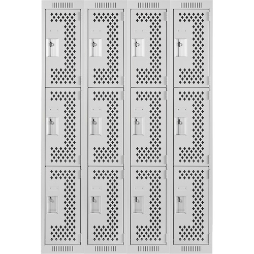 Clean Line Lockers, 3 -tier, Bank of 4, 48" x 12" x 72", Steel, Grey, Rivet (Assembled), Perforated Ottawa Fastener Supply