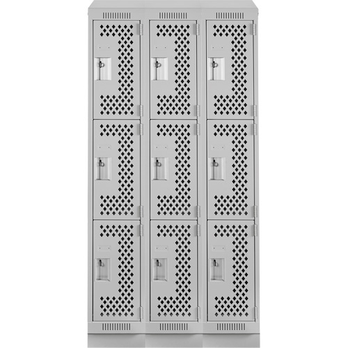 Clean Line Lockers, 3 -tier, Bank of 3, 36" x 12" x 82", Steel, Grey, Rivet (Assembled), Perforated Ottawa Fastener Supply