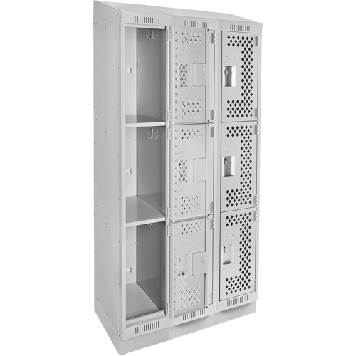 Clean Line Lockers, 3 -tier, Bank of 3, 36" x 12" x 82", Steel, Grey, Rivet (Assembled), Perforated Ottawa Fastener Supply