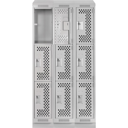 Clean Line Lockers, 3 -tier, Bank of 3, 36" x 12" x 82", Steel, Grey, Rivet (Assembled), Perforated Ottawa Fastener Supply