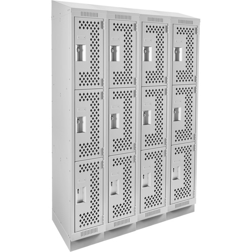 Clean Line Lockers, 3 -tier, Bank of 4, 48" x 12" x 82", Steel, Grey, Rivet (Assembled), Perforated Ottawa Fastener Supply