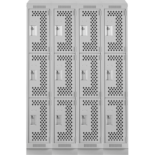 Clean Line Lockers, 3 -tier, Bank of 4, 48" x 12" x 82", Steel, Grey, Rivet (Assembled), Perforated Ottawa Fastener Supply