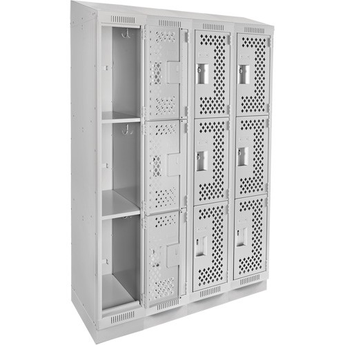 Clean Line Lockers, 3 -tier, Bank of 4, 48" x 12" x 82", Steel, Grey, Rivet (Assembled), Perforated Ottawa Fastener Supply