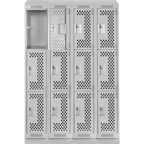 Clean Line Lockers, 3 -tier, Bank of 4, 48" x 12" x 82", Steel, Grey, Rivet (Assembled), Perforated Ottawa Fastener Supply
