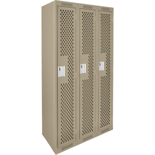 Clean Line Lockers, Bank of 3, 36" x 15" x 72", Steel, Beige, Rivet (Assembled), Perforated Ottawa Fastener Supply