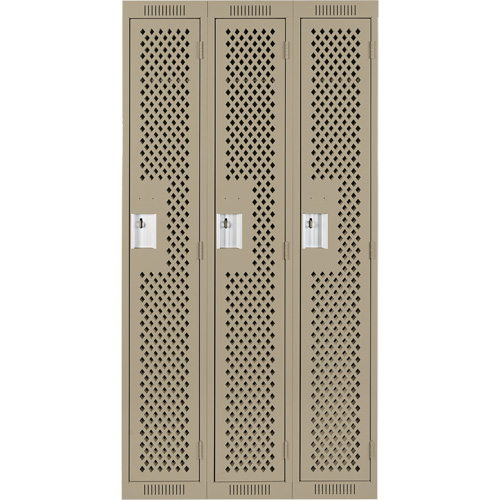 Clean Line Lockers, Bank of 3, 36" x 15" x 72", Steel, Beige, Rivet (Assembled), Perforated Ottawa Fastener Supply