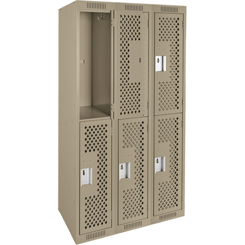 Clean Line Lockers, 2 -tier, Bank of 3, 36" x 15" x 72", Steel, Beige, Rivet (Assembled), Perforated Ottawa Fastener Supply