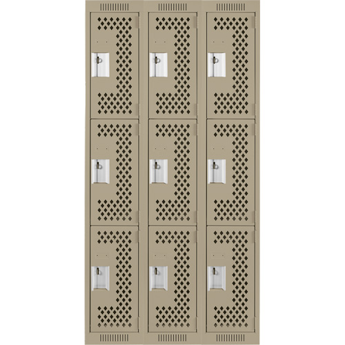 Clean Line Lockers, 3 -tier, Bank of 3, 36" x 12" x 72", Steel, Beige, Rivet (Assembled), Perforated Ottawa Fastener Supply