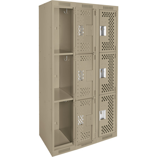 Clean Line Lockers, 3 -tier, Bank of 3, 36" x 12" x 72", Steel, Beige, Rivet (Assembled), Perforated Ottawa Fastener Supply