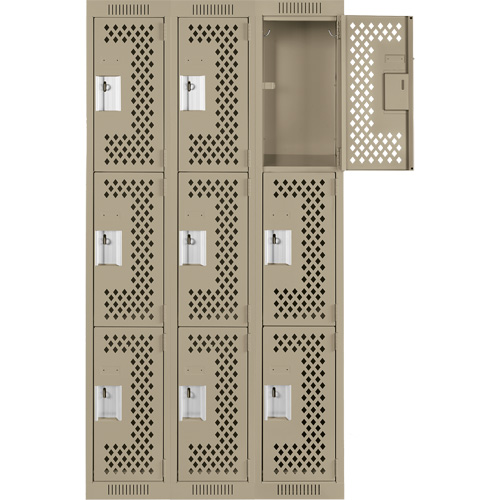 Clean Line Lockers, 3 -tier, Bank of 3, 36" x 12" x 72", Steel, Beige, Rivet (Assembled), Perforated Ottawa Fastener Supply