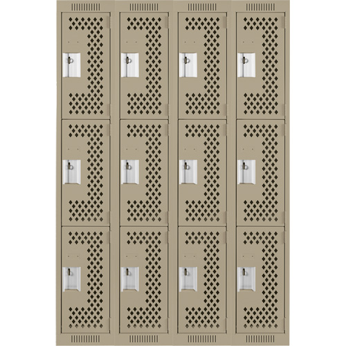Clean Line Lockers, 3 -tier, Bank of 4, 48" x 12" x 72", Steel, Beige, Rivet (Assembled), Perforated Ottawa Fastener Supply