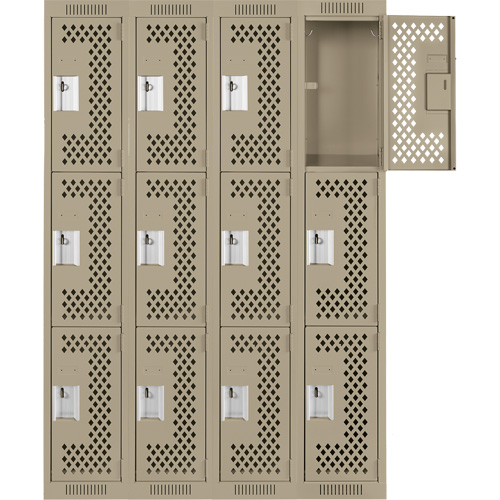 Clean Line Lockers, 3 -tier, Bank of 4, 48" x 12" x 72", Steel, Beige, Rivet (Assembled), Perforated Ottawa Fastener Supply