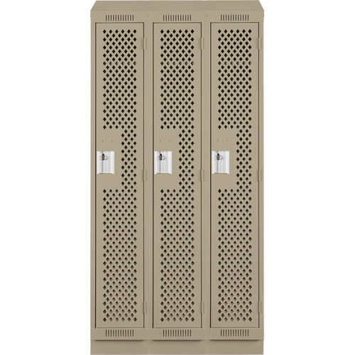 Clean Line Lockers, Bank of 3, 36" x 12" x 82", Steel, Beige, Rivet (Assembled), Perforated Ottawa Fastener Supply