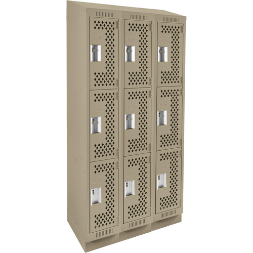 Clean Line Lockers, 3 -tier, Bank of 3, 36" x 12" x 82", Steel, Beige, Rivet (Assembled), Perforated Ottawa Fastener Supply