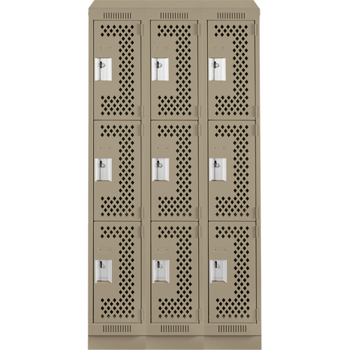 Clean Line Lockers, 3 -tier, Bank of 3, 36" x 12" x 82", Steel, Beige, Rivet (Assembled), Perforated Ottawa Fastener Supply