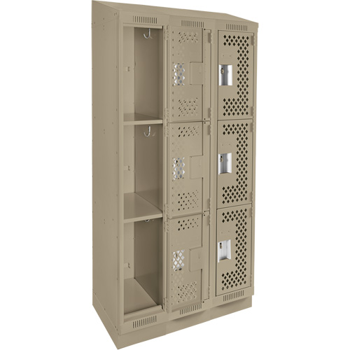 Clean Line Lockers, 3 -tier, Bank of 3, 36" x 12" x 82", Steel, Beige, Rivet (Assembled), Perforated Ottawa Fastener Supply