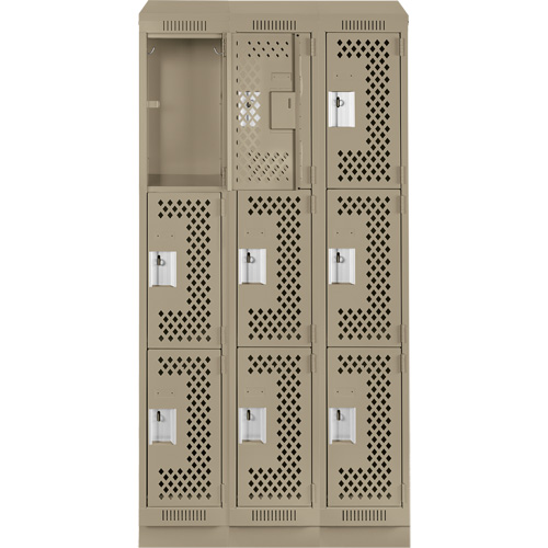 Clean Line Lockers, 3 -tier, Bank of 3, 36" x 12" x 82", Steel, Beige, Rivet (Assembled), Perforated Ottawa Fastener Supply