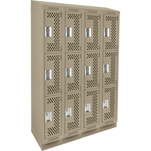 Clean Line Lockers, 3 -tier, Bank of 4, 48" x 12" x 82", Steel, Beige, Rivet (Assembled), Perforated Ottawa Fastener Supply