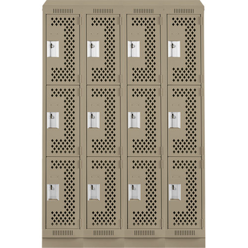 Clean Line Lockers, 3 -tier, Bank of 4, 48" x 12" x 82", Steel, Beige, Rivet (Assembled), Perforated Ottawa Fastener Supply