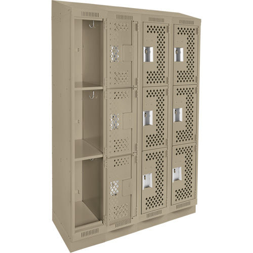 Clean Line Lockers, 3 -tier, Bank of 4, 48" x 12" x 82", Steel, Beige, Rivet (Assembled), Perforated Ottawa Fastener Supply