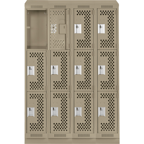 Clean Line Lockers, 3 -tier, Bank of 4, 48" x 12" x 82", Steel, Beige, Rivet (Assembled), Perforated Ottawa Fastener Supply
