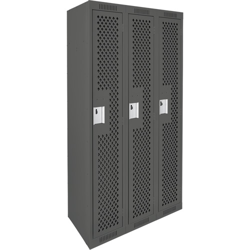 Clean Line Lockers, Bank of 3, 36" x 15" x 72", Steel, Charcoal, Rivet (Assembled), Perforated Ottawa Fastener Supply