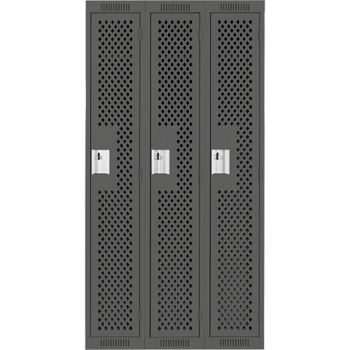 Clean Line Lockers, Bank of 3, 36" x 15" x 72", Steel, Charcoal, Rivet (Assembled), Perforated Ottawa Fastener Supply