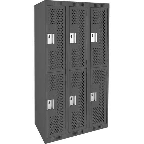Clean Line Lockers, 2 -tier, Bank of 3, 36" x 15" x 72", Steel, Charcoal, Rivet (Assembled), Perforated Ottawa Fastener Supply
