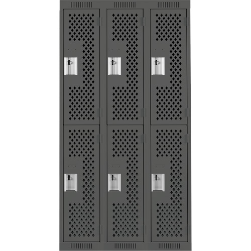 Clean Line Lockers, 2 -tier, Bank of 3, 36" x 15" x 72", Steel, Charcoal, Rivet (Assembled), Perforated Ottawa Fastener Supply