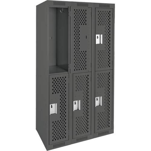 Clean Line Lockers, 2 -tier, Bank of 3, 36" x 15" x 72", Steel, Charcoal, Rivet (Assembled), Perforated Ottawa Fastener Supply