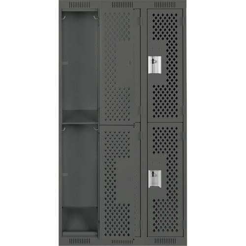 Clean Line Lockers, 2 -tier, Bank of 3, 36" x 15" x 72", Steel, Charcoal, Rivet (Assembled), Perforated Ottawa Fastener Supply