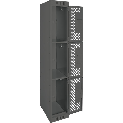 Clean Line Lockers, 3 -tier, 12" x 12" x 72", Steel, Charcoal, Rivet (Assembled), Perforated Ottawa Fastener Supply
