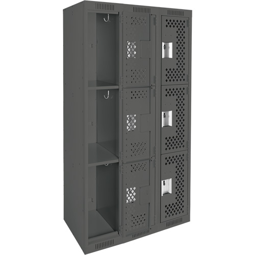 Clean Line Lockers, 3 -tier, Bank of 3, 36" x 12" x 72", Steel, Charcoal, Rivet (Assembled), Perforated Ottawa Fastener Supply