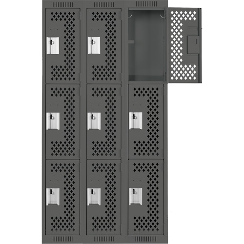 Clean Line Lockers, 3 -tier, Bank of 3, 36" x 12" x 72", Steel, Charcoal, Rivet (Assembled), Perforated Ottawa Fastener Supply