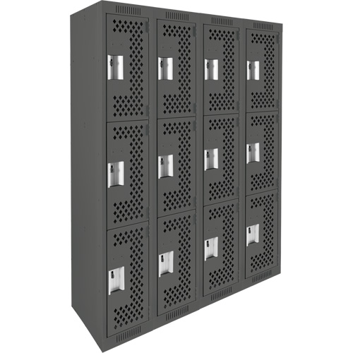 Clean Line Lockers, 3 -tier, Bank of 4, 48" x 12" x 72", Steel, Charcoal, Rivet (Assembled), Perforated Ottawa Fastener Supply