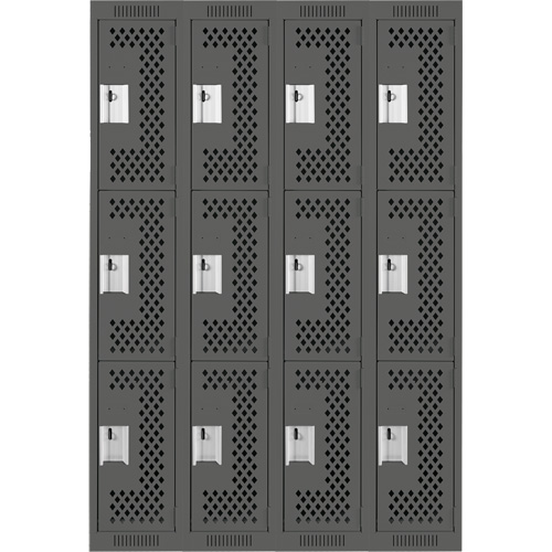 Clean Line Lockers, 3 -tier, Bank of 4, 48" x 12" x 72", Steel, Charcoal, Rivet (Assembled), Perforated Ottawa Fastener Supply