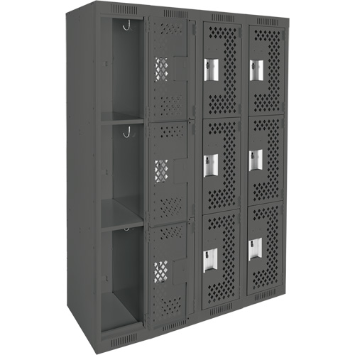 Clean Line Lockers, 3 -tier, Bank of 4, 48" x 12" x 72", Steel, Charcoal, Rivet (Assembled), Perforated Ottawa Fastener Supply