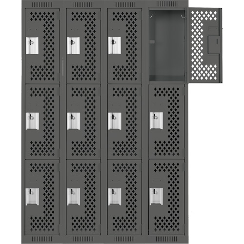 Clean Line Lockers, 3 -tier, Bank of 4, 48" x 12" x 72", Steel, Charcoal, Rivet (Assembled), Perforated Ottawa Fastener Supply