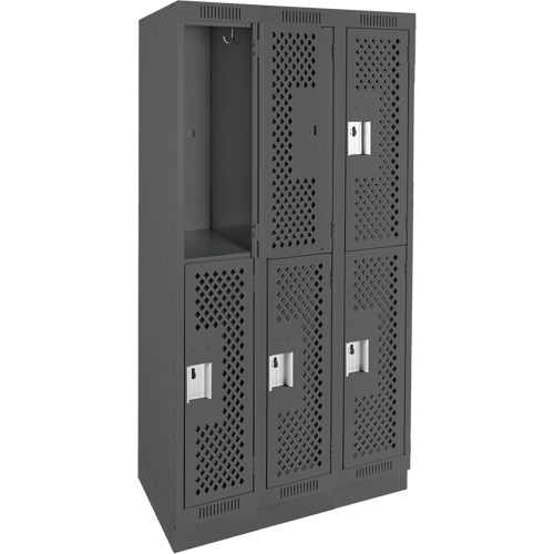 Clean Line Lockers, 2 -tier, Bank of 3, 36" x 18" x 76", Steel, Charcoal, Rivet (Assembled), Perforated Ottawa Fastener Supply