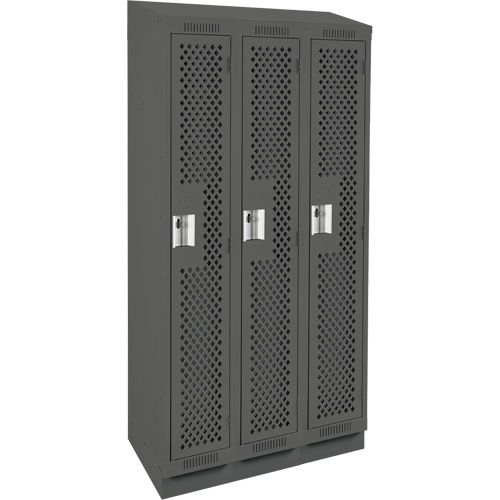 Clean Line Lockers, Bank of 3, 36" x 12" x 82", Steel, Charcoal, Rivet (Assembled), Perforated Ottawa Fastener Supply
